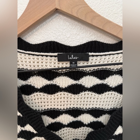 Lulus Stylish Bliss Ivory and Black Striped Crochet Cardigan Medium - Picture 3 of 8